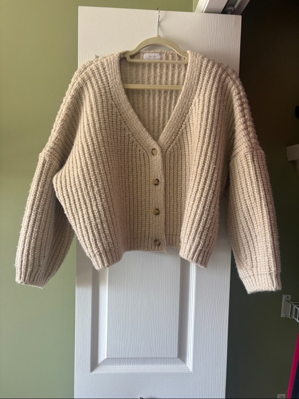 Oak+Fort Relaxed and Chunky Cream Ribbed V-Neck Cardigan